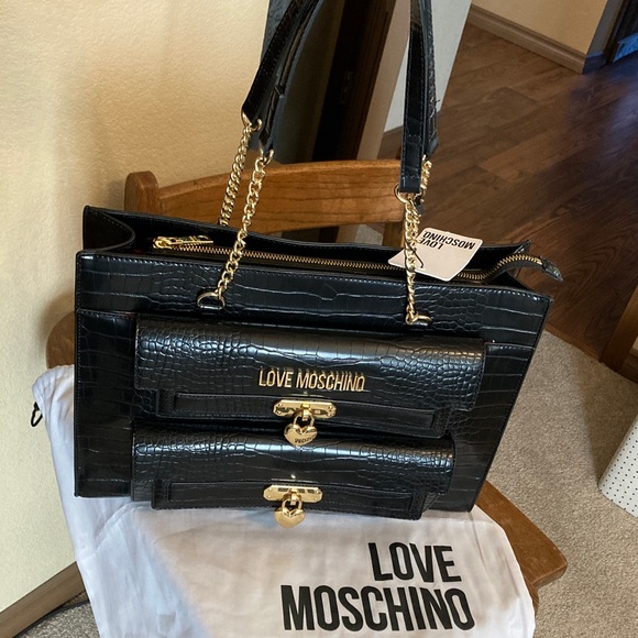 Love Moschino Croc Embossed Vegan Leather Heart Charm Tote with Dust Bag NWT - Picture 2 of 12